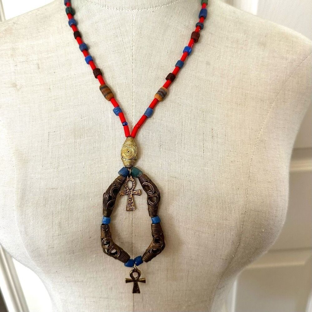 Ankh cross gold tone red and blue beaded necklace